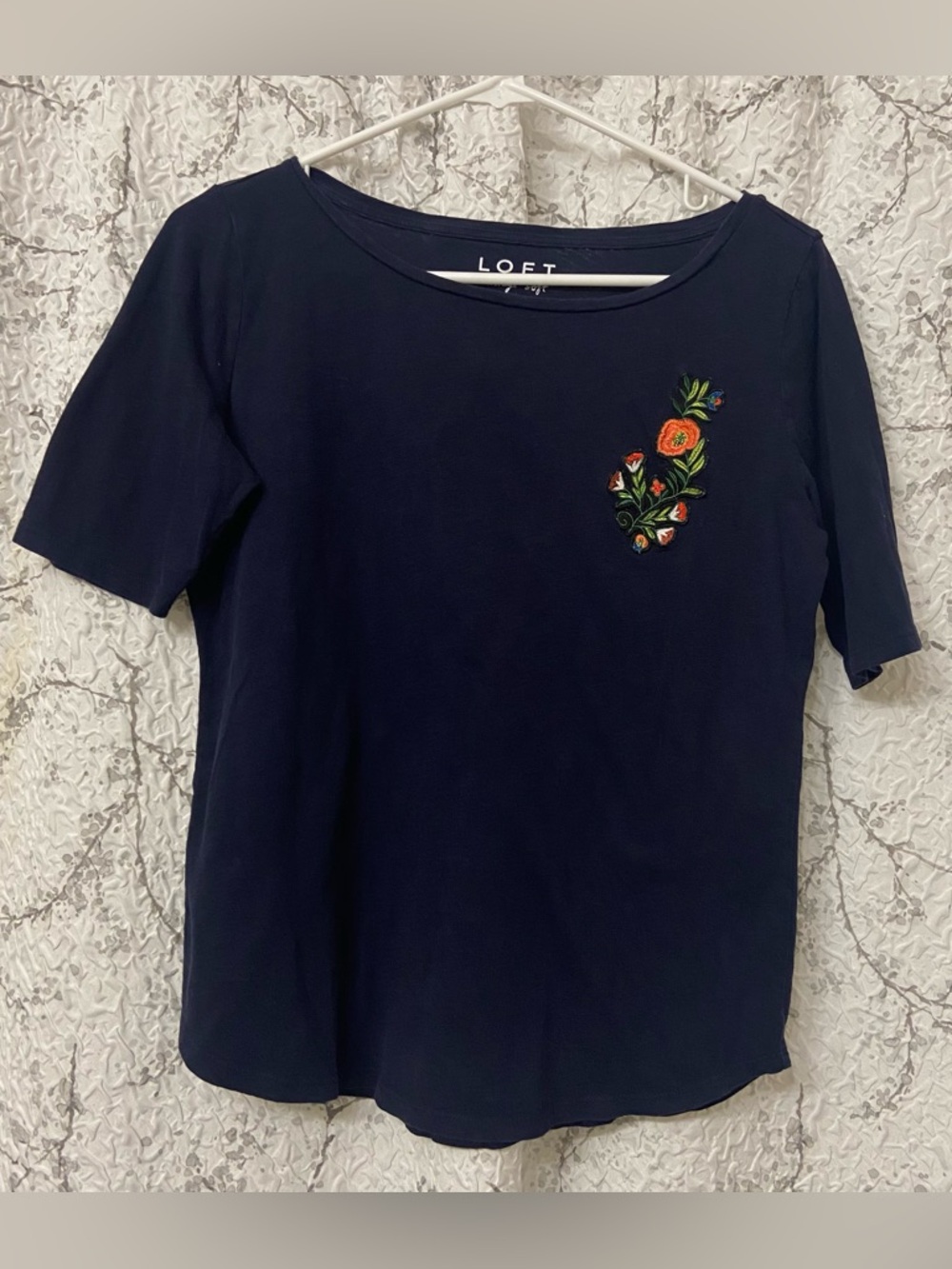 LOFT Navy blue Tee with Small Floral Embroidery Size small